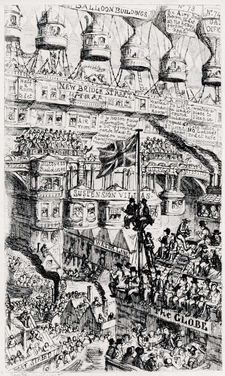 Malthusilainen näkemys tulevaisuudesta ylikansotusta Lontoosta, Englannista Thomas Malthusin kirjoitusten mukaan tekijältä George Cruikshank