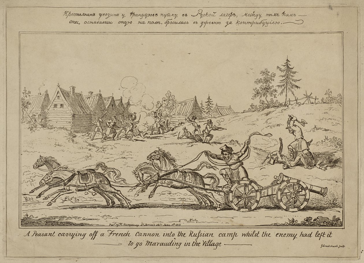 Talonpoika, joka kantoi ranskalaisen tykin Venäjän leiriin vihollisen jättäessä sen ryöstämään kylässä, julkaistu 8. kesäkuuta 1813 tekijältä George Cruikshank