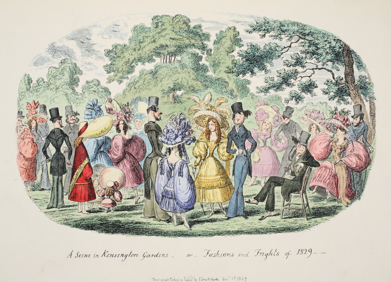 Kohtaus Kensington Gardensissa - tai - Vuoden 1829 muoti ja pelot, pub. 1829 (käsinvärinen kaiverrus) tekijältä George Cruikshank
