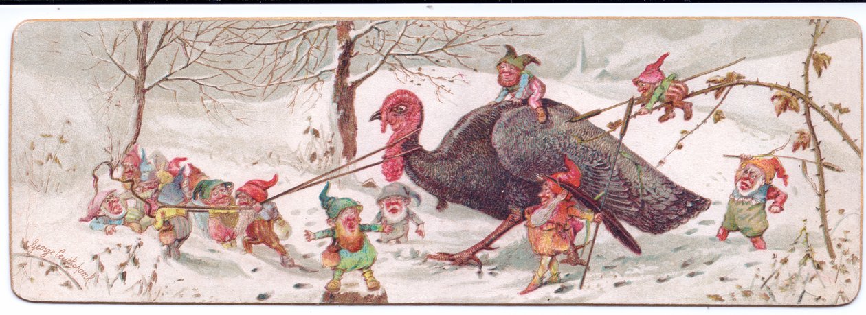 Viktoriaaninen joulukortti ryhmästä ilkeitä tonttuja, jotka johtavat vangittua kalkkunaa, n. 1895 (väri litho) tekijältä George Cruikshank