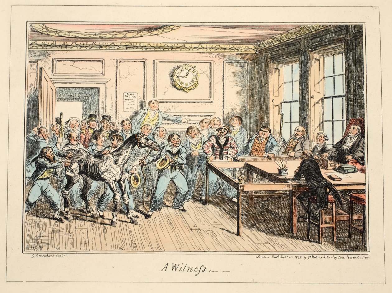 Todistaja, Greenwichin sairaalasta, sarja merivoimien luonnoksia, jotka kuvaavat sotamiehen elämää, pub. 1825 (käsin väritetty kaiverrus). tekijältä George Cruikshank