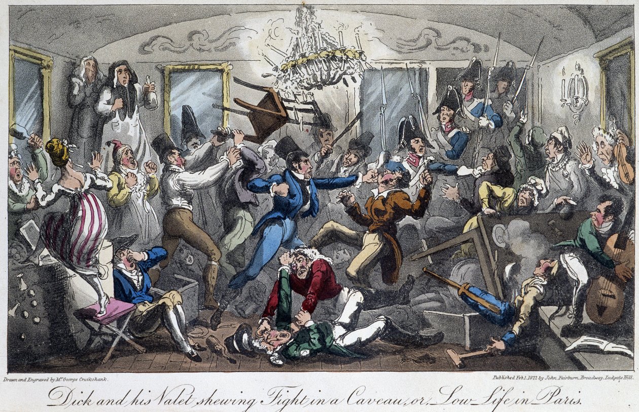Taistelu kaupungin kellarissa - Lontoon David Careyn "Elämä Pariisissa". tekijältä George Cruikshank