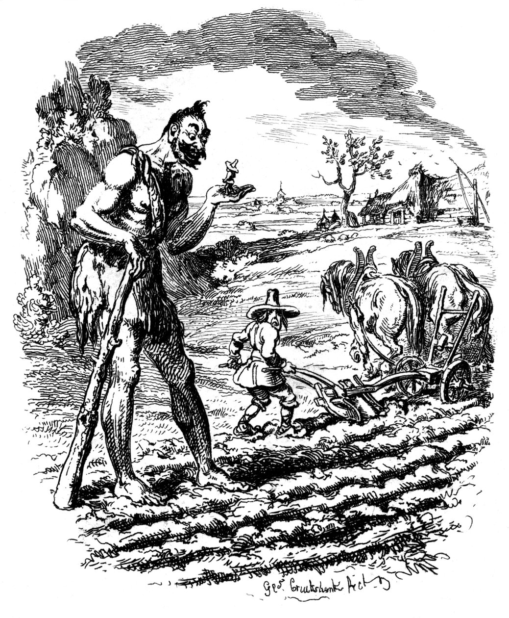 Jättiläinen seisoo pellolla, kun maanviljelijä kyntää, 1800-luku. tekijältä George Cruikshank