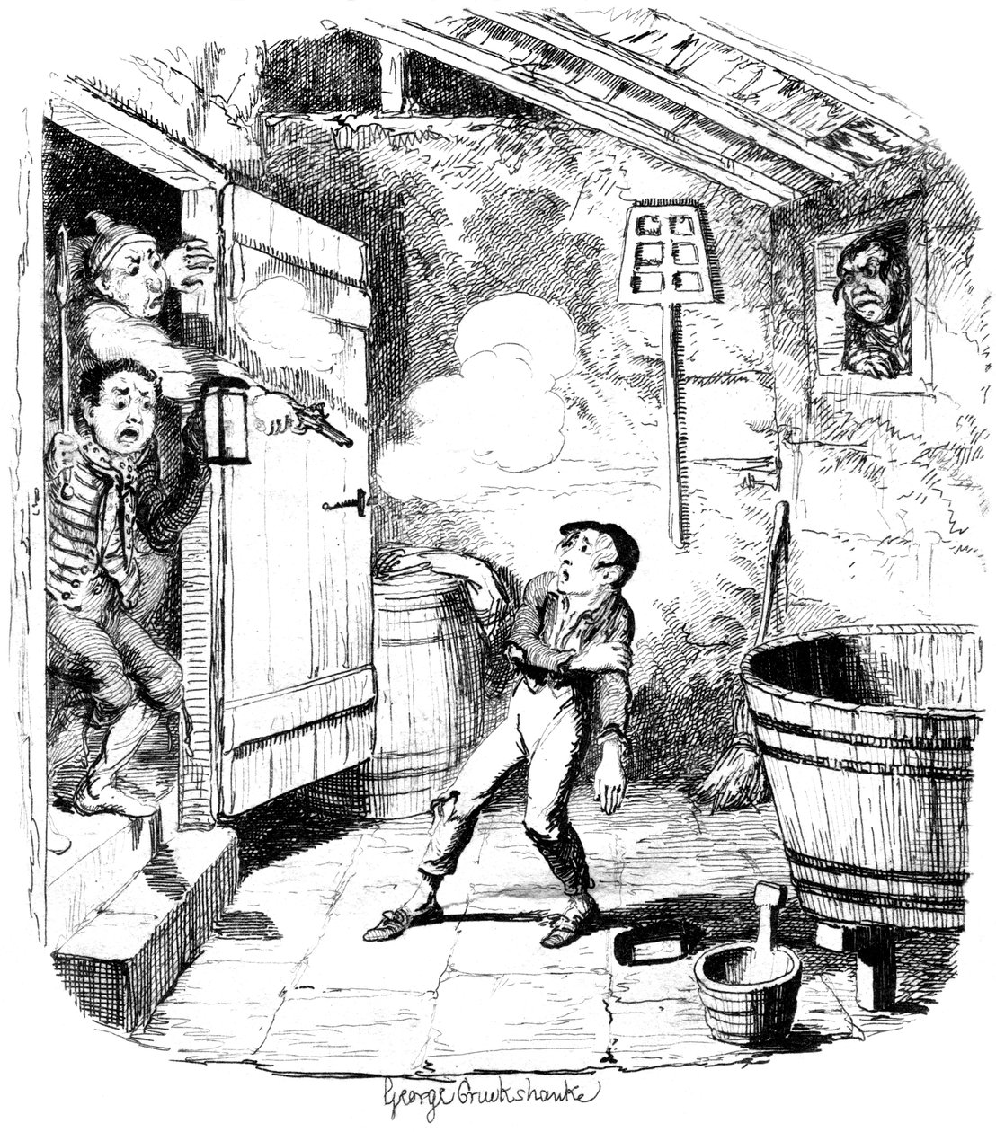Mies ampuu nuoren pojan, jonka hän epäilee varastamisesta, 1800-luku. tekijältä George Cruikshank