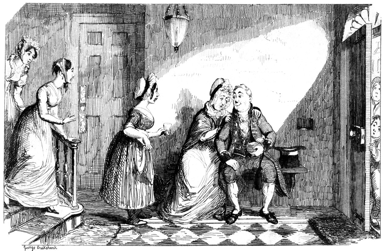 Monet naiset hoitavat köyhää miestä, 1800-luku. tekijältä George Cruikshank