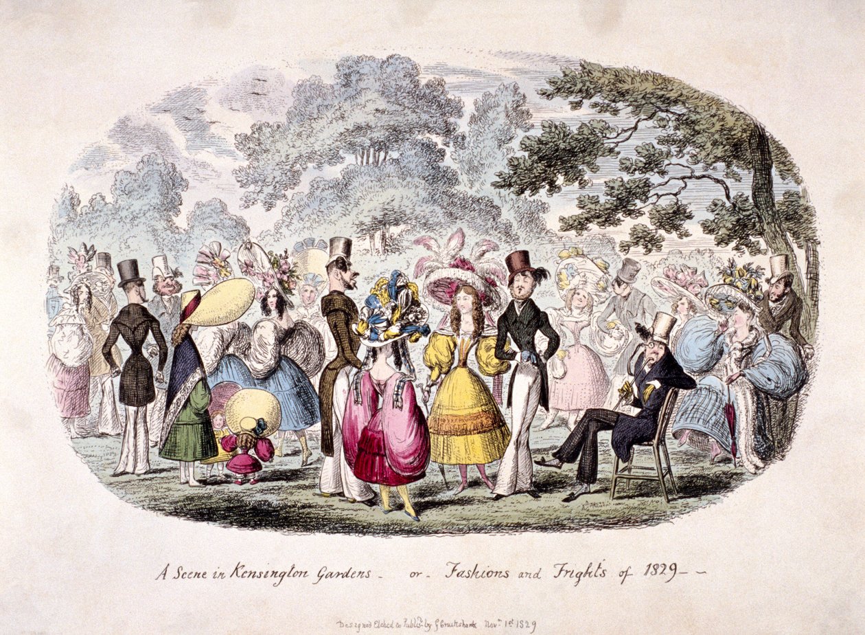 "Kokeus Kensington Gardensissa - tai - muoti ja pelot vuodelta 1829" tekijältä George Cruikshank