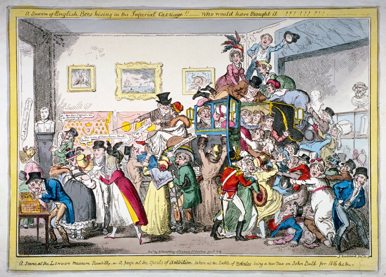 "Englannin mehiläisparvi pesäilee keisarillisissa vaunuissa!! kohtaus Lontoon museossa, 1816 tekijältä George Cruikshank