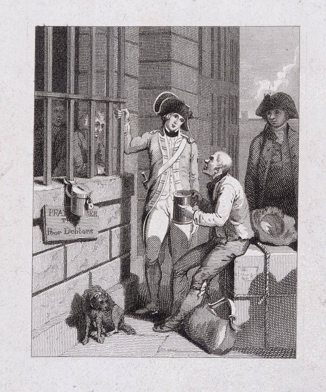 "Vieläkauppa: Tom & Jerry vierailemassa Logicilla Fleetin laivalla", Fleet Prison, Lontoo, 1821 tekijältä George Cruikshank
