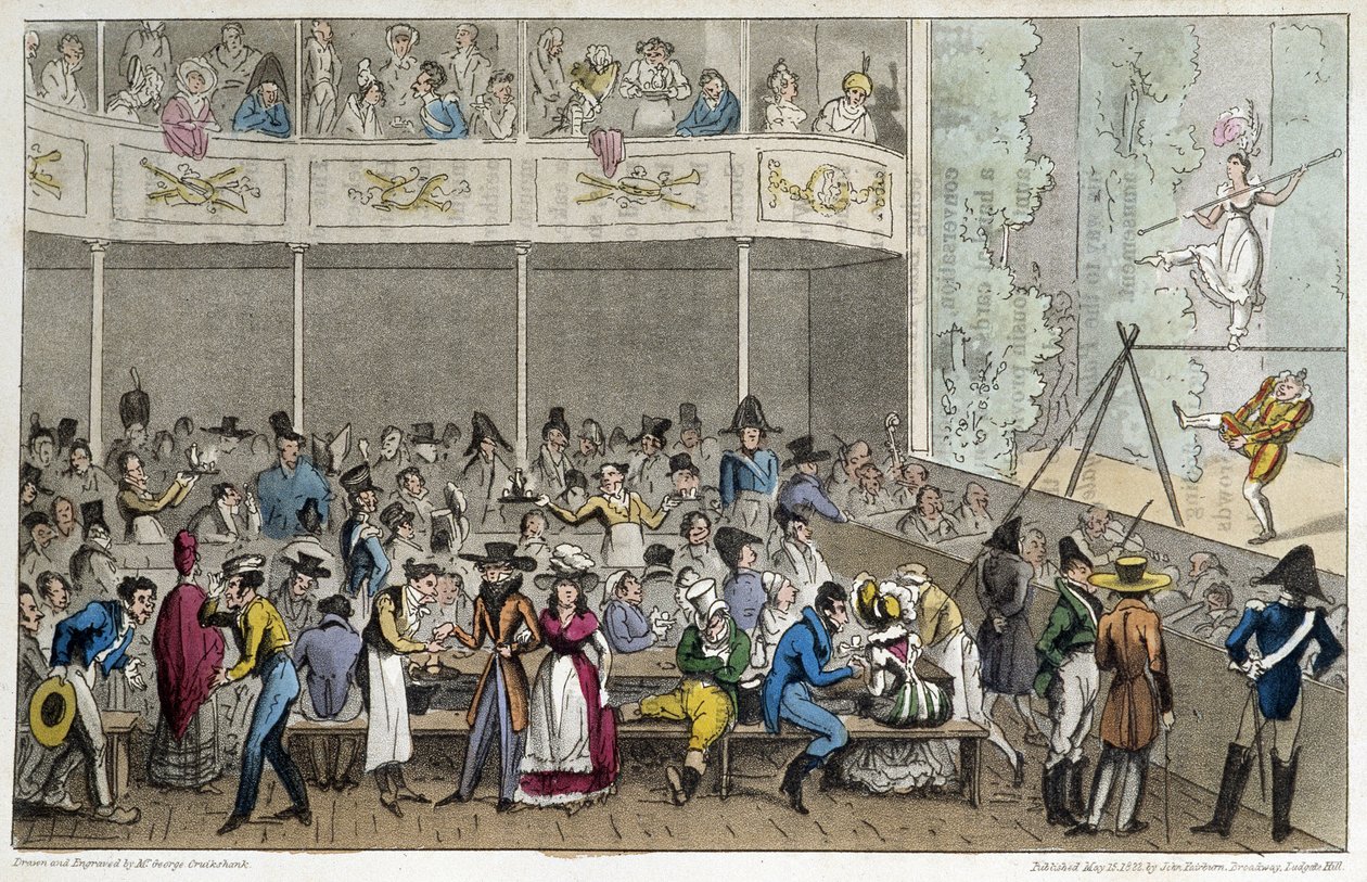 Akrobaattiesitys Café de la Paixissa - elokuvassa Life in Paris, David Carey, Lontoo tekijältä George Cruikshank