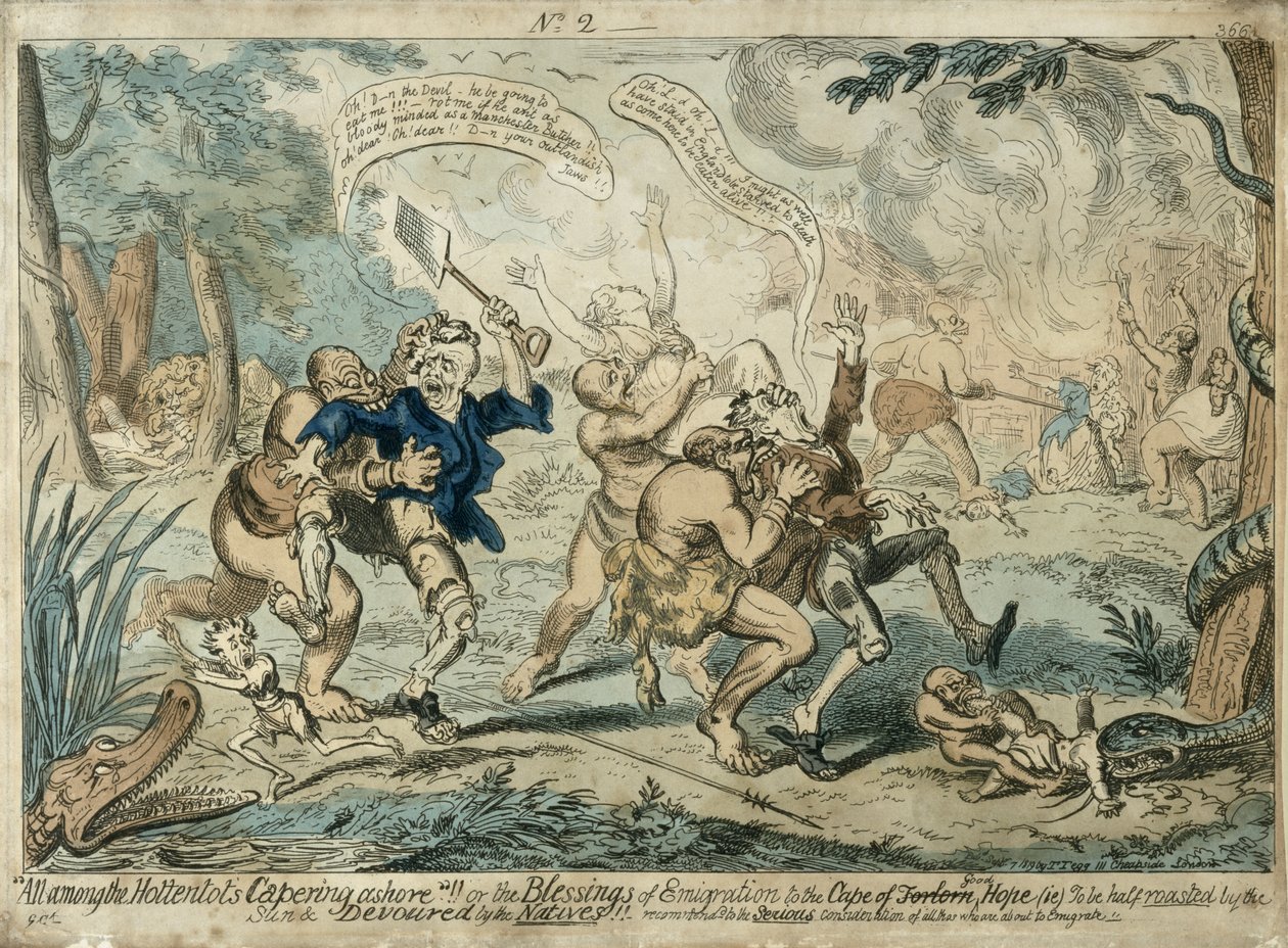 Kaikki Hottentottien joukossa Capering Ashore..., julkaistu 7. syyskuuta 1819 tekijältä George Cruikshank