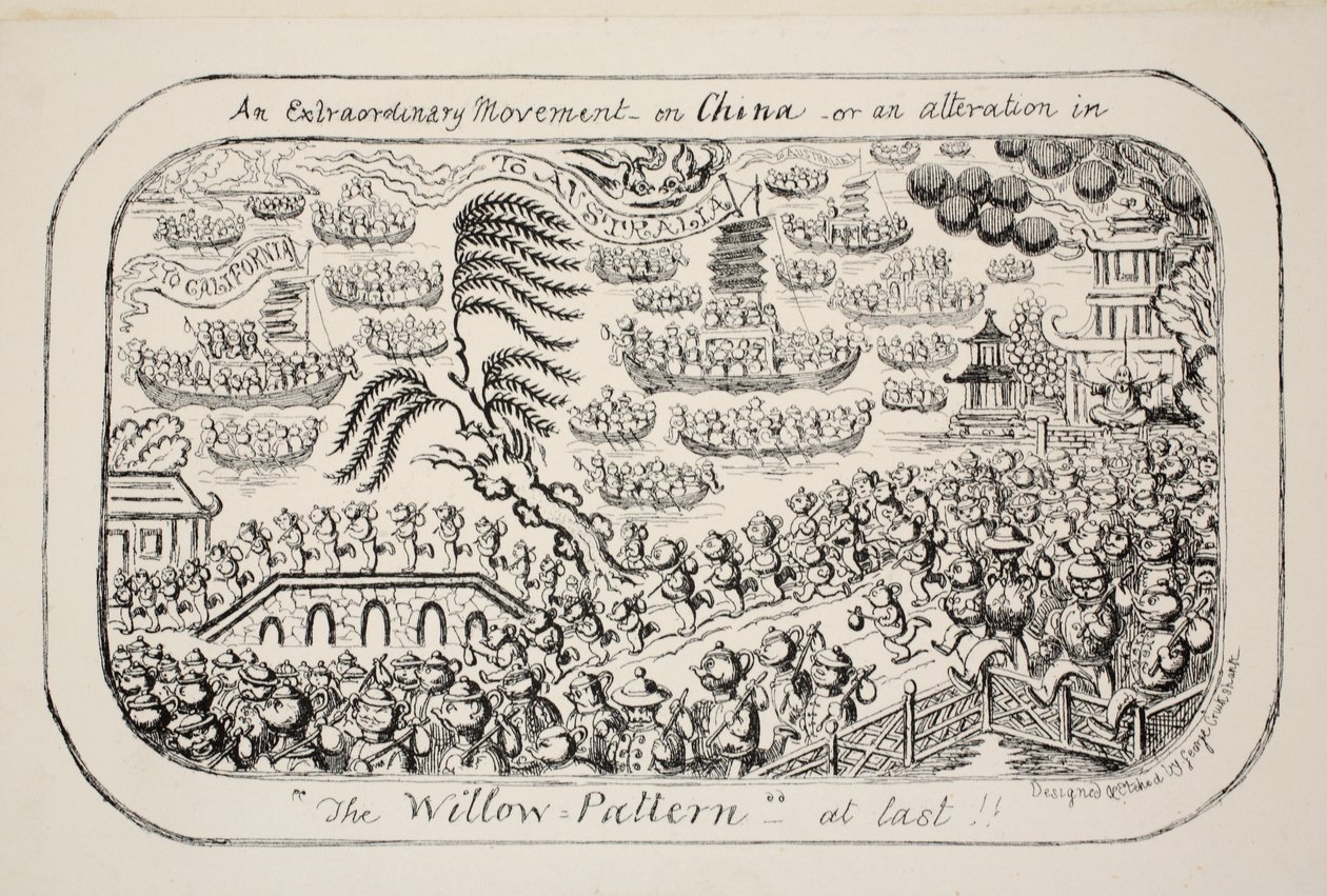 Poikkeuksellinen liike Kiinassa - tai - muutos The Willow Patternissa vihdoinkin!!, pub. 1853 tekijältä George Cruikshank