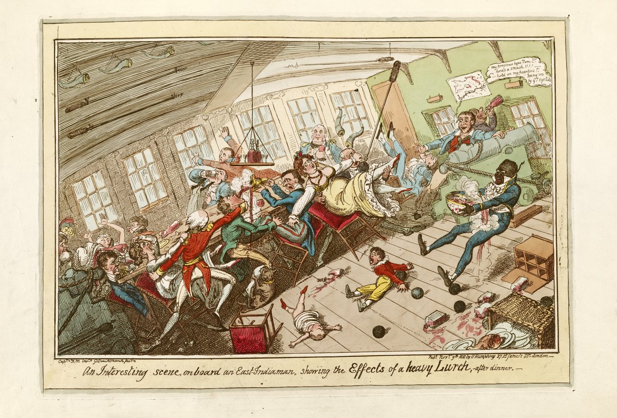 Mielenkiintoinen kohtaus itä-intialaisella laivalla, jossa näkyy voimakkaan laahuksen vaikutukset, julkaisu 1818 (värillinen etsaus). tekijältä George Cruikshank