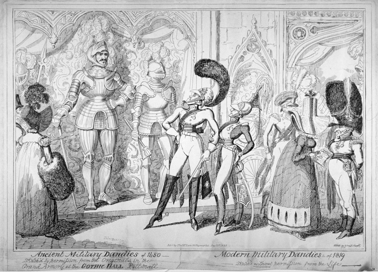 Muinaiset ja nykyaikaiset armeijan dandyt, 1835. tekijältä George Cruikshank