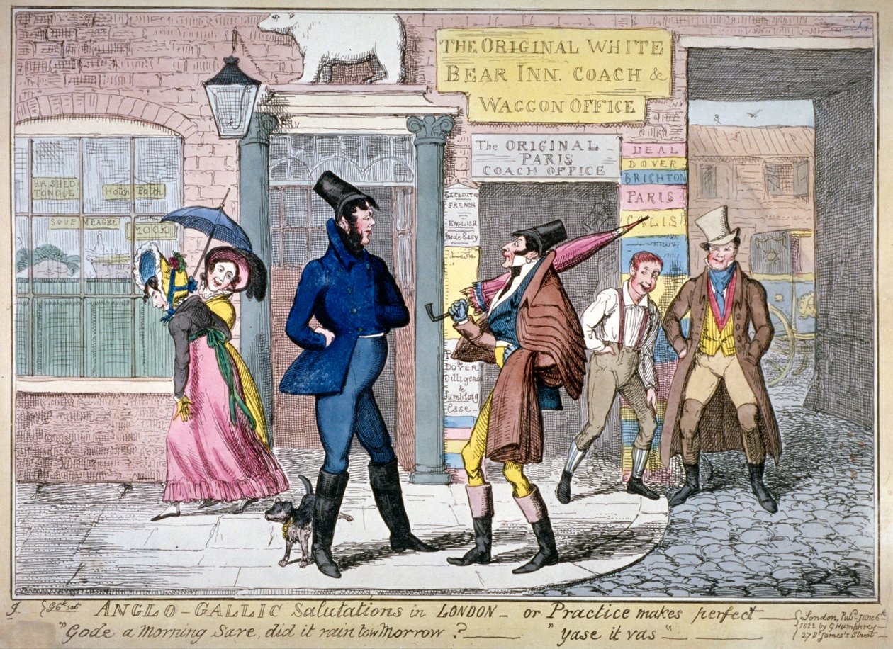 "Anglogallialaiset tervehdykset Lontoossa, eli harjoitus tekee mestarin", 1822. tekijältä George Cruikshank