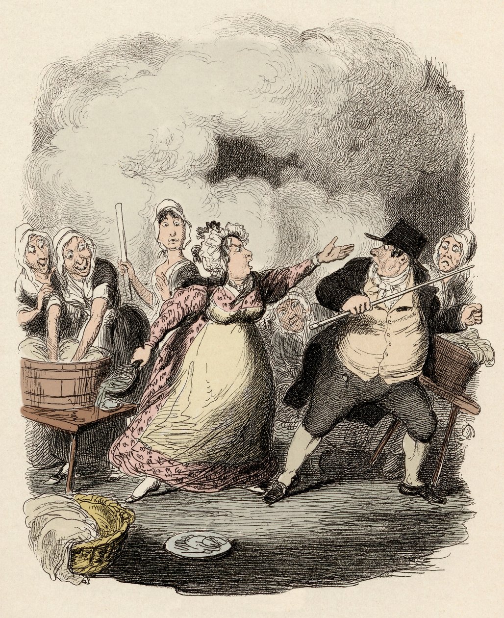 Saattohoidossa herra Bumble vastustaa ankarasti hänen vaimoaan, Madame Corneyta - herra Bumble huonontunut köyhien silmissä - Charles Dickensin (1812-1870) kuvitus "Oliver Twist" (Olivier) (Oliver Twistin seikkailut) , kirjoittanut George Cruikshan tekijältä George Cruikshank