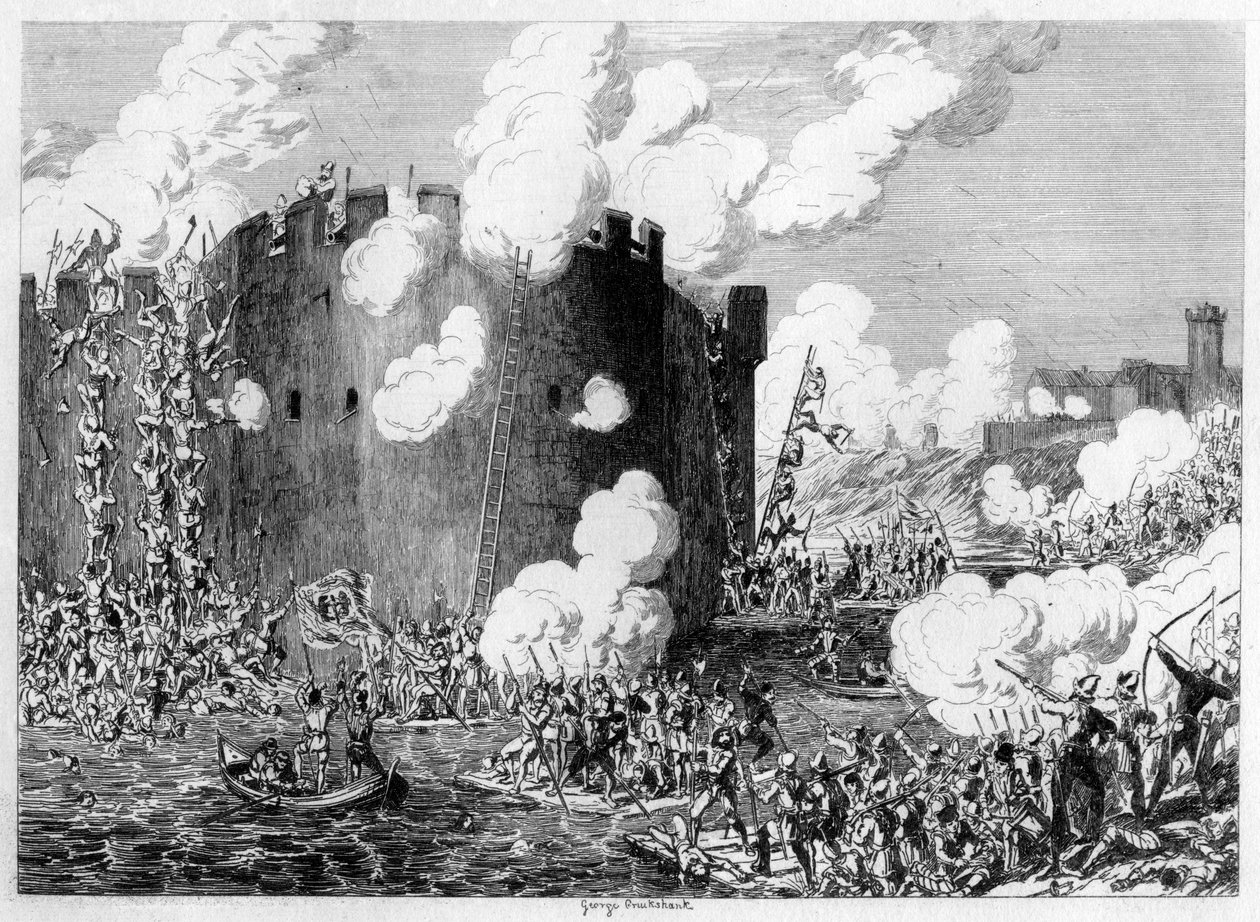 Lord Guilford Dudleyn hyökkäys messinkivuorelle, 1554 1840 tekijältä George Cruikshank