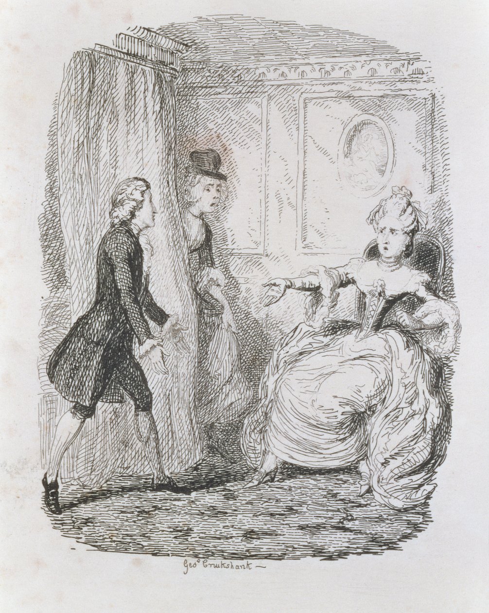 Lady Bellastonin hankala tilanne, "Tom Jones, Löytäjän historia", taiteilijan kaiverrus, kuvitus teoksesta "The Works of Henry Fielding", pub. kirjoittanut Henry G. Bohn, 1853 tekijältä George Cruikshank