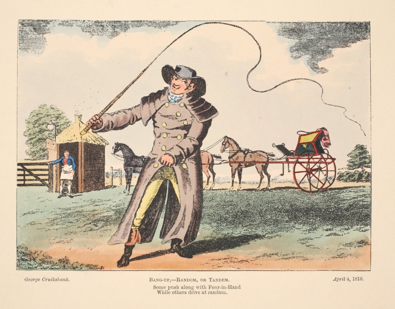Bang-Up, Random tai Tandem, jotkut ajavat mukana Four In Hand, kun taas toiset ajavat satunnaisesti, 1810 (käsinvärinen kaiverrus) tekijältä George Cruikshank