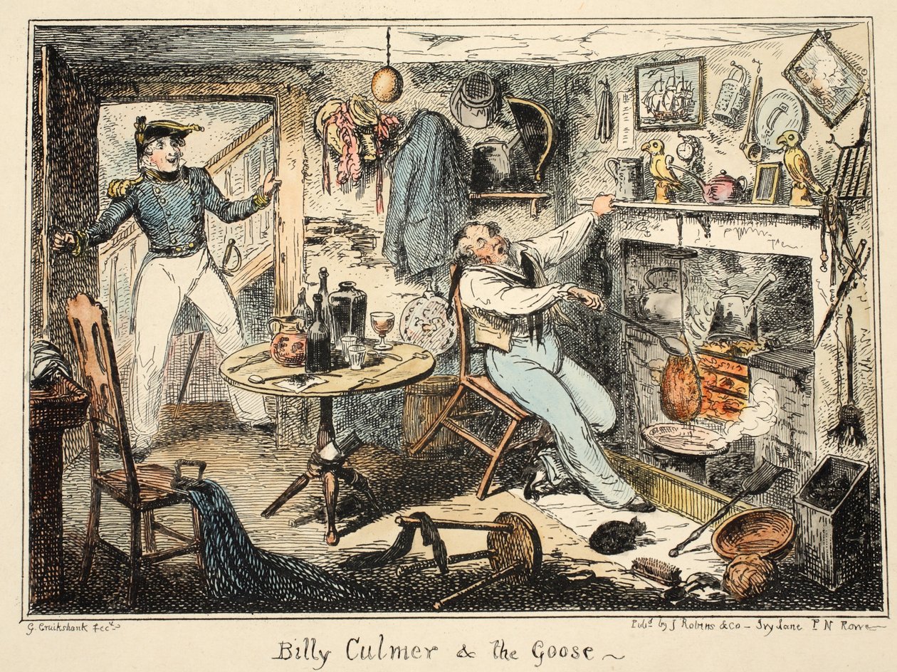Billy Culmer & the Goose, Greenwich Hospital, sarja merivoimien luonnoksia, kuvaus sotamiehen elämästä, pubi. 1826 (käsinvärinen kaiverrus) tekijältä George Cruikshank