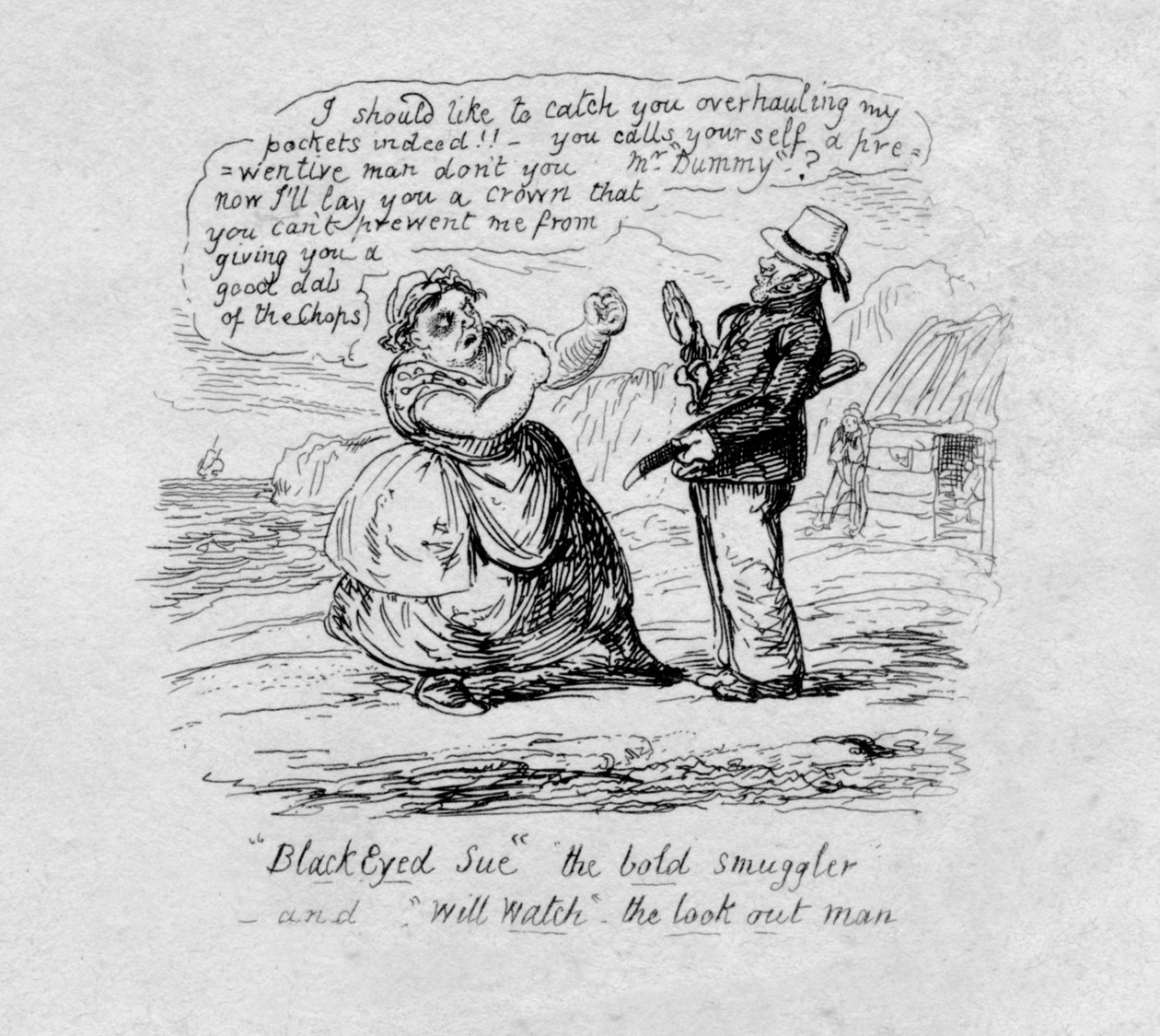 Black Eyed Sue rohkea salakuljettaja ja Will Watch the varo mies, 1829 tekijältä George Cruikshank
