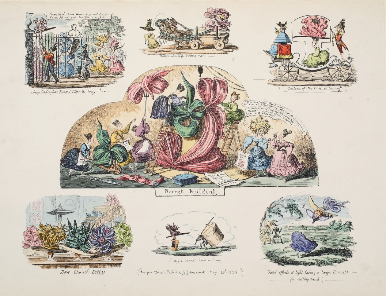Bonnet Building, pub. 1828 (käsinvärinen kaiverrus) tekijältä George Cruikshank