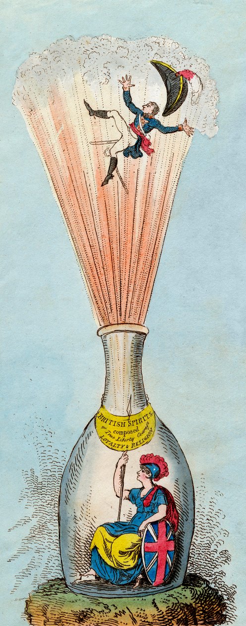 Britannia räjäytti korsikalaisen pullonloukun - 1803 - Brittiläiset satiirit hyökkäsivät jatkuvasti Napoleonin hallinnon legitiimiyttä vastaan - George Cruikshank tekijältä George Cruikshank