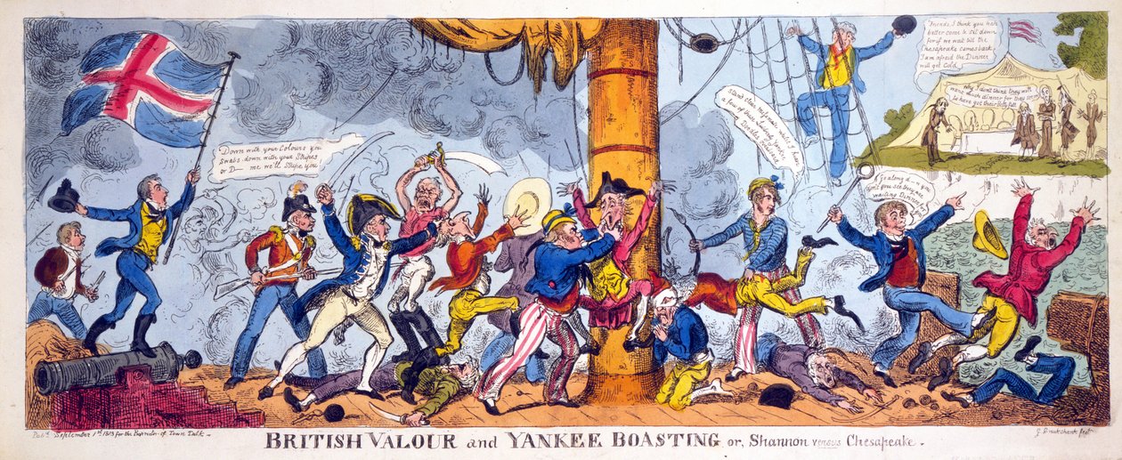 British Valor ja Yankee Boasting tai Shannon vs. Chesapeake, pubi. 1813 (käsinvärinen kaiverrus) tekijältä George Cruikshank