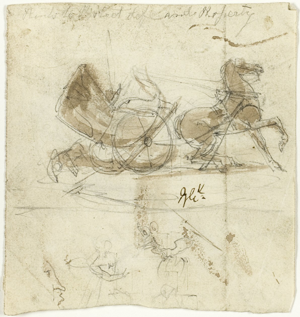 Karikatyyri itsestä (etusivu); Hevosen heittämä taksikopteri ja muita luonnoksia (kääntöpuoli). tekijältä George Cruikshank