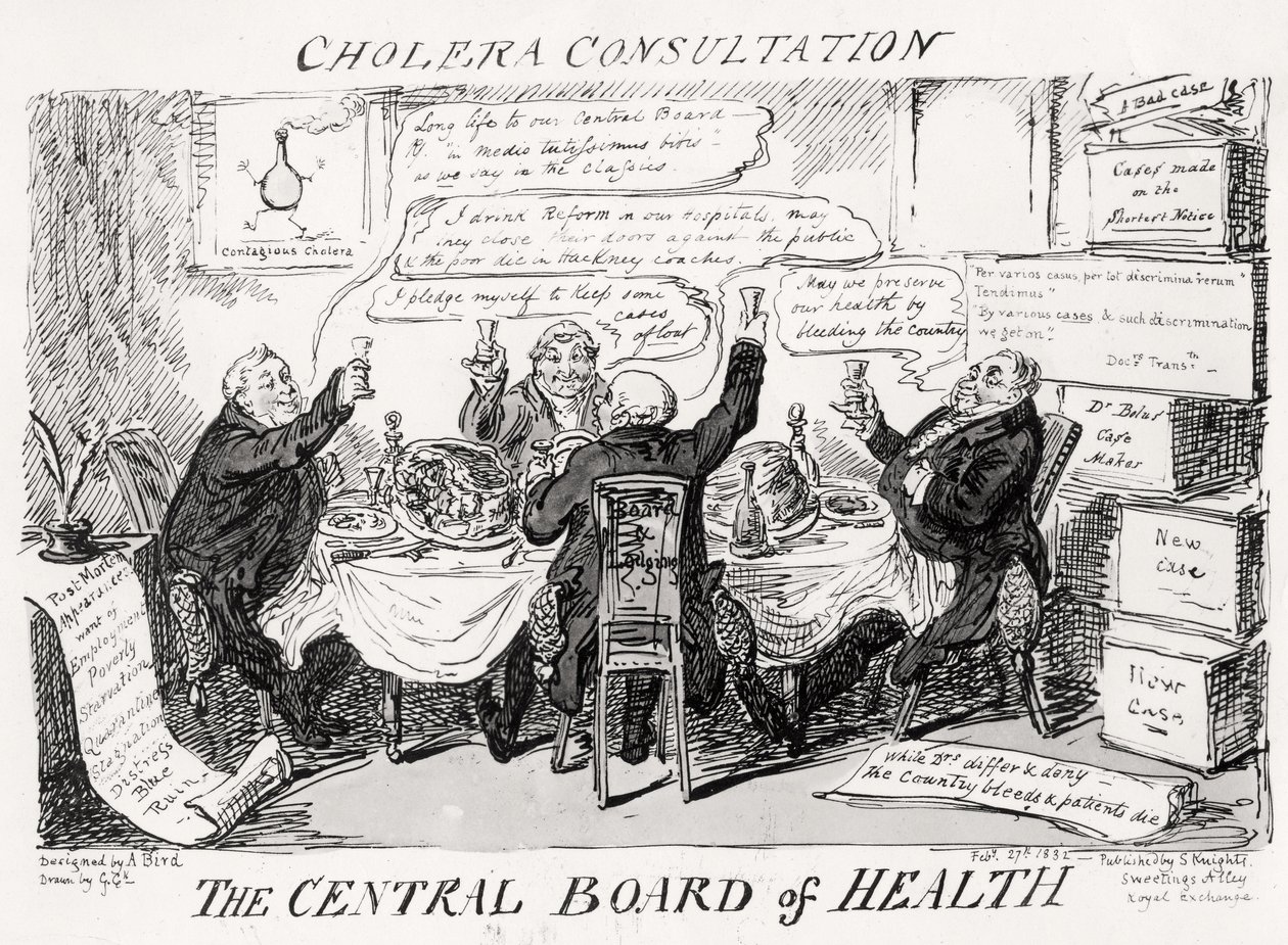 Kolerakonsultaatio Central Board of Healthissa, julkaistu 27. helmikuuta 1832. tekijältä George Cruikshank