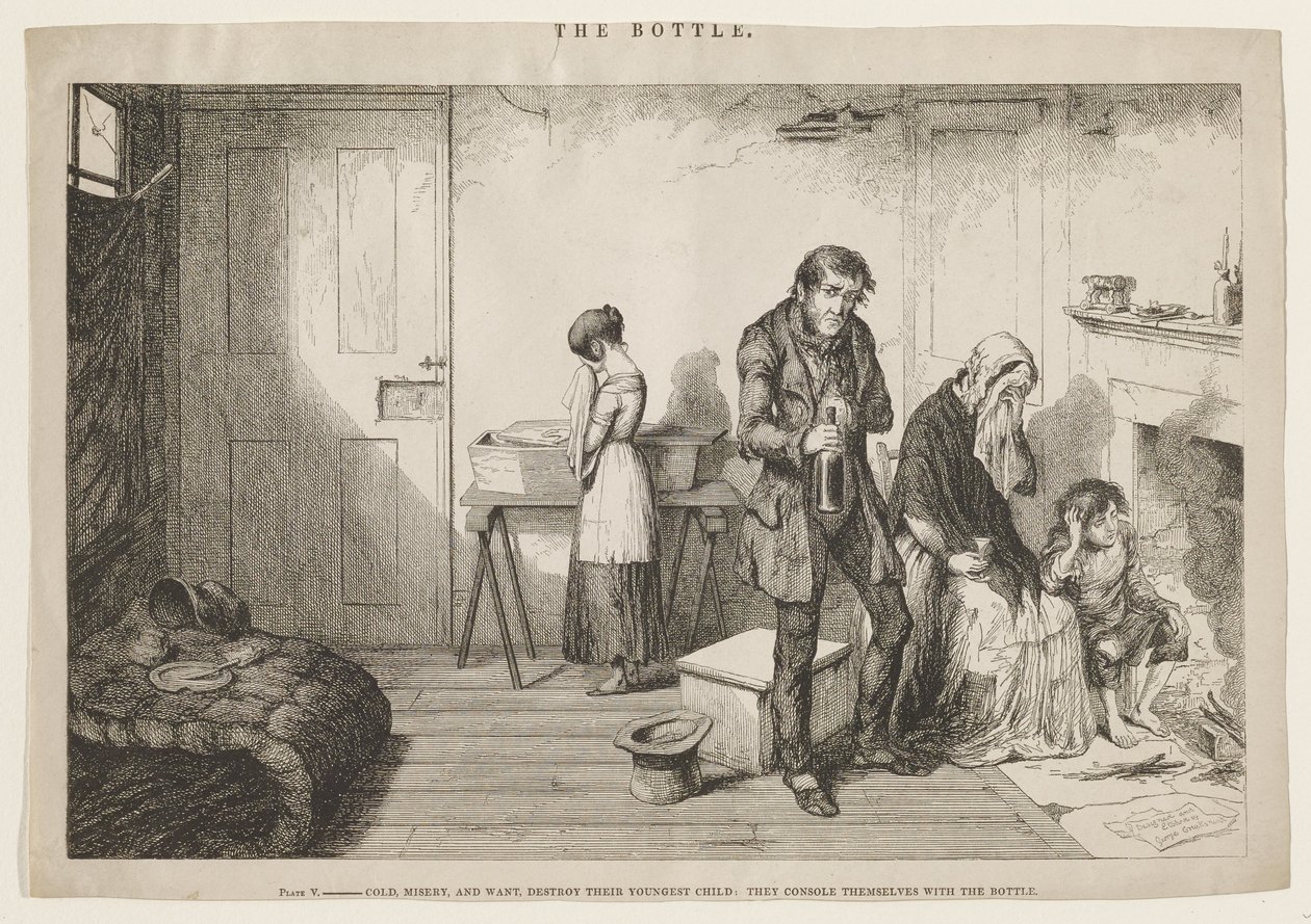 Kylmyys, kurjuus ja puute tuhoavat heidän nuorimman lapsensa: He lohduttautuvat pullolla. tekijältä George Cruikshank