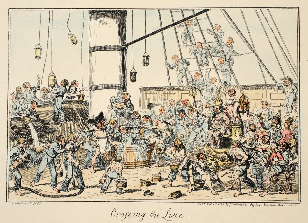 Crossing The Line, Greenwich Hospital, sarja merivoimien luonnoksia, kuvaus sotamiehen elämästä, pubi. 1825 (käsinvärinen kaiverrus) tekijältä George Cruikshank