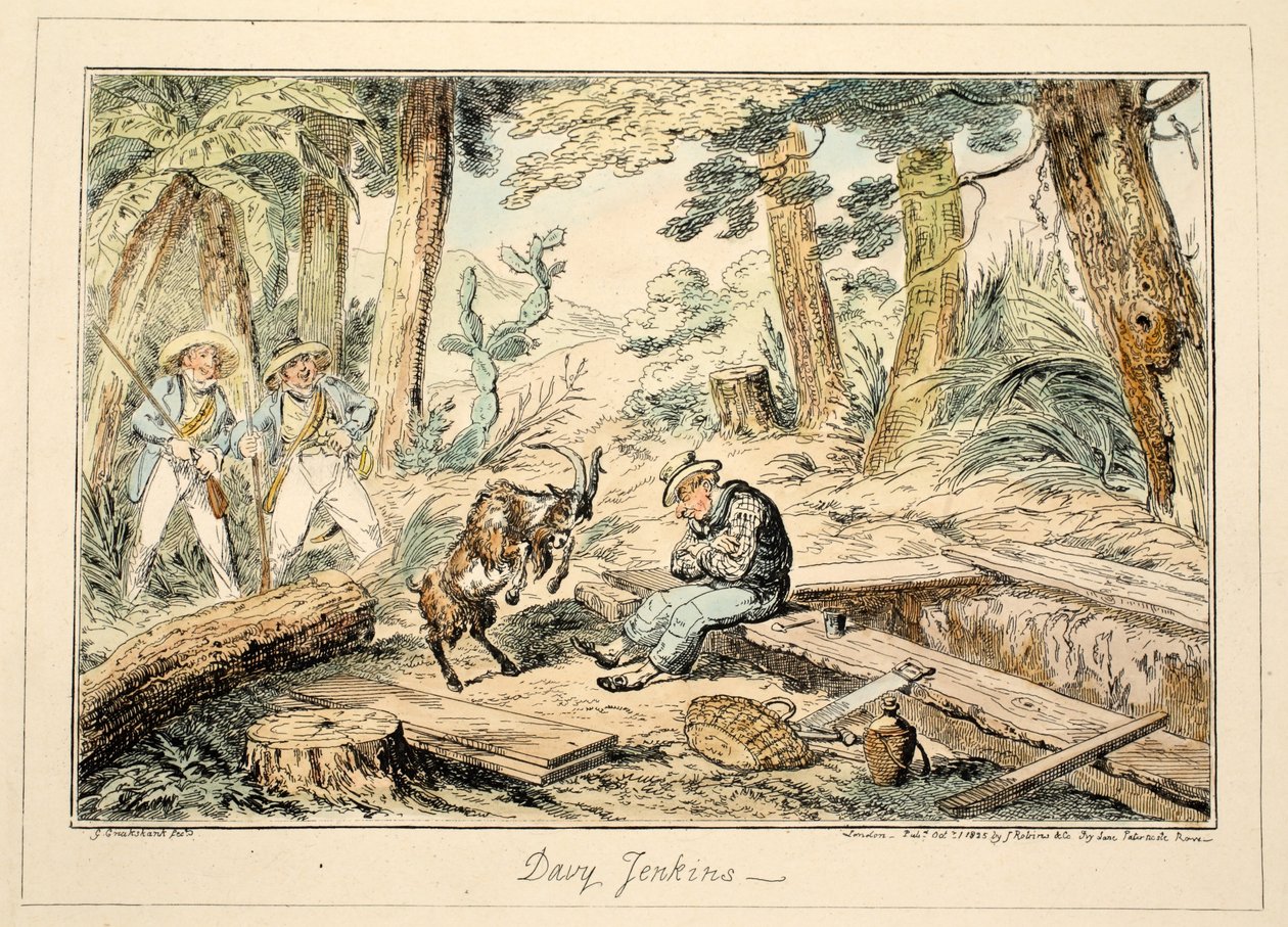 Davy Jenkins, Greenwichin sairaalasta, sarja merivoimien luonnoksia, jotka kuvaavat sotamiehen elämää, pub. 1826 (käsin väritetty kaiverrus). tekijältä George Cruikshank