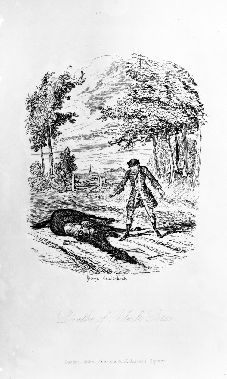Death of Black Bess, kuvitus William Harrison Ainsworthin Rookwoodista, julkaistu 1836 tekijältä George Cruikshank