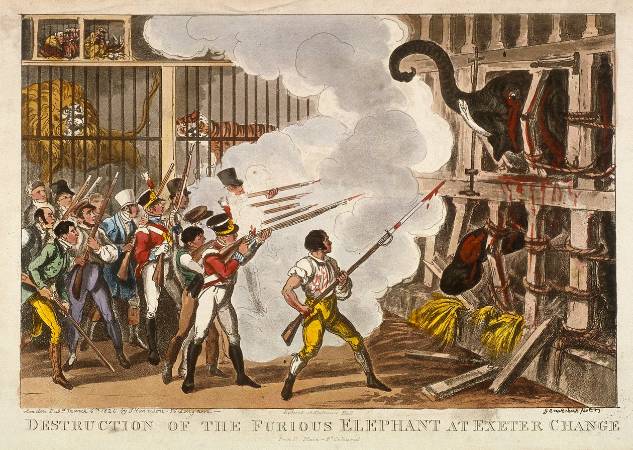 Raivostuneen norsun tuhoaminen Exeter Changessa, 1826 tekijältä George Cruikshank