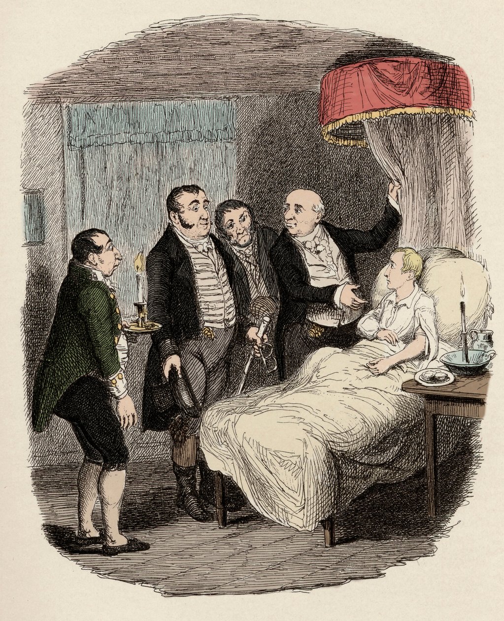 Dr. Losberne näyttää Oliveria Bow Streetin poliiseille - Oliveria odottivat Bow Street Runners - Kuvitus "" Oliver Twist"" (Oliver) (The Adventures of Oliver Twist), kirjoittanut Charles Dickens (1812-1870), kirjoittanut George Cruikshank (1792-1878). tekijältä George Cruikshank