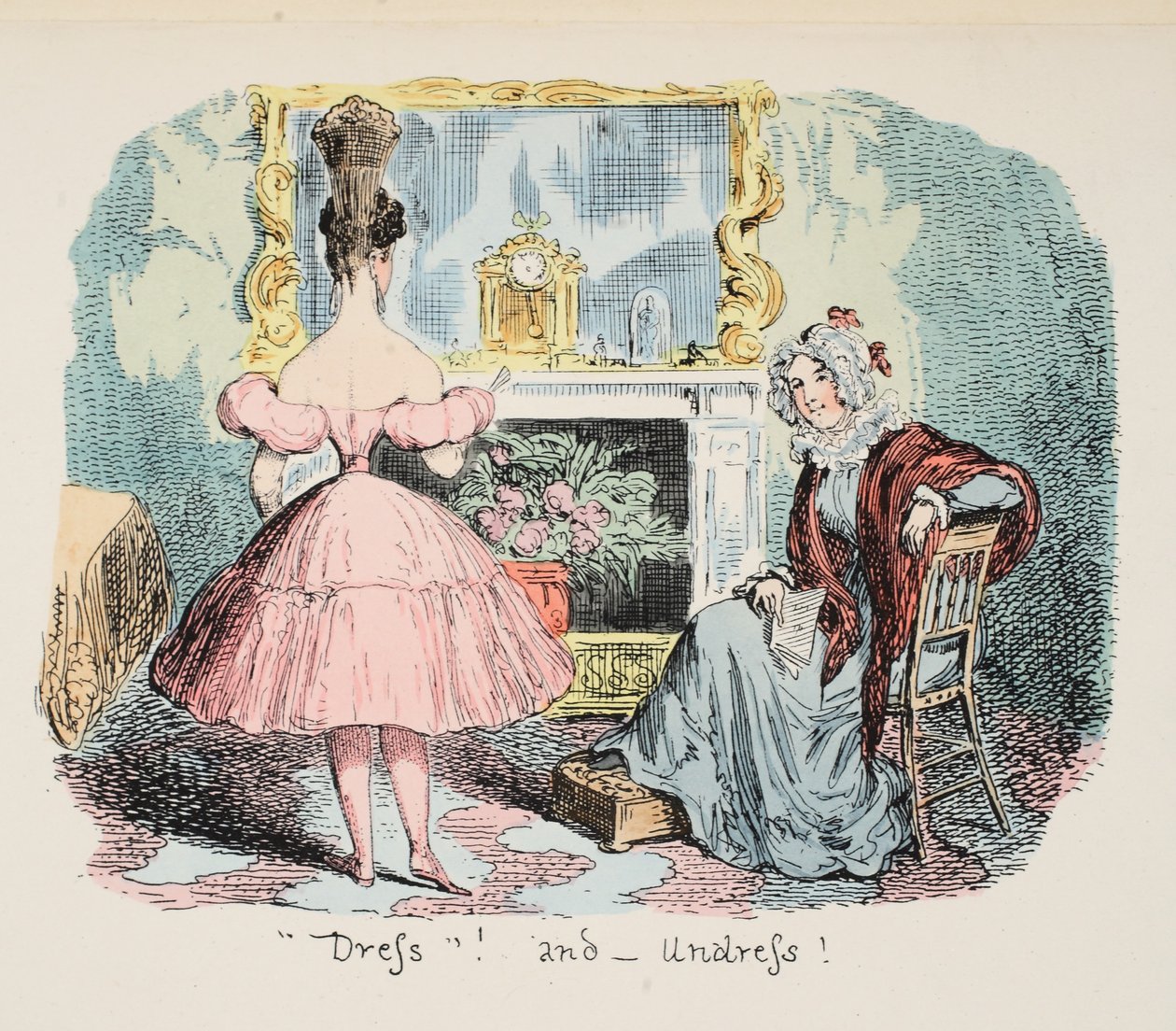 Pukeutuminen ja riisuminen, pubi. 1832 (käsinvärinen kaiverrus) tekijältä George Cruikshank