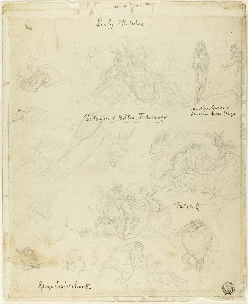 Varhaiset luonnokset Falstaffia ja juhannusyön unelmaa varten. tekijältä George Cruikshank