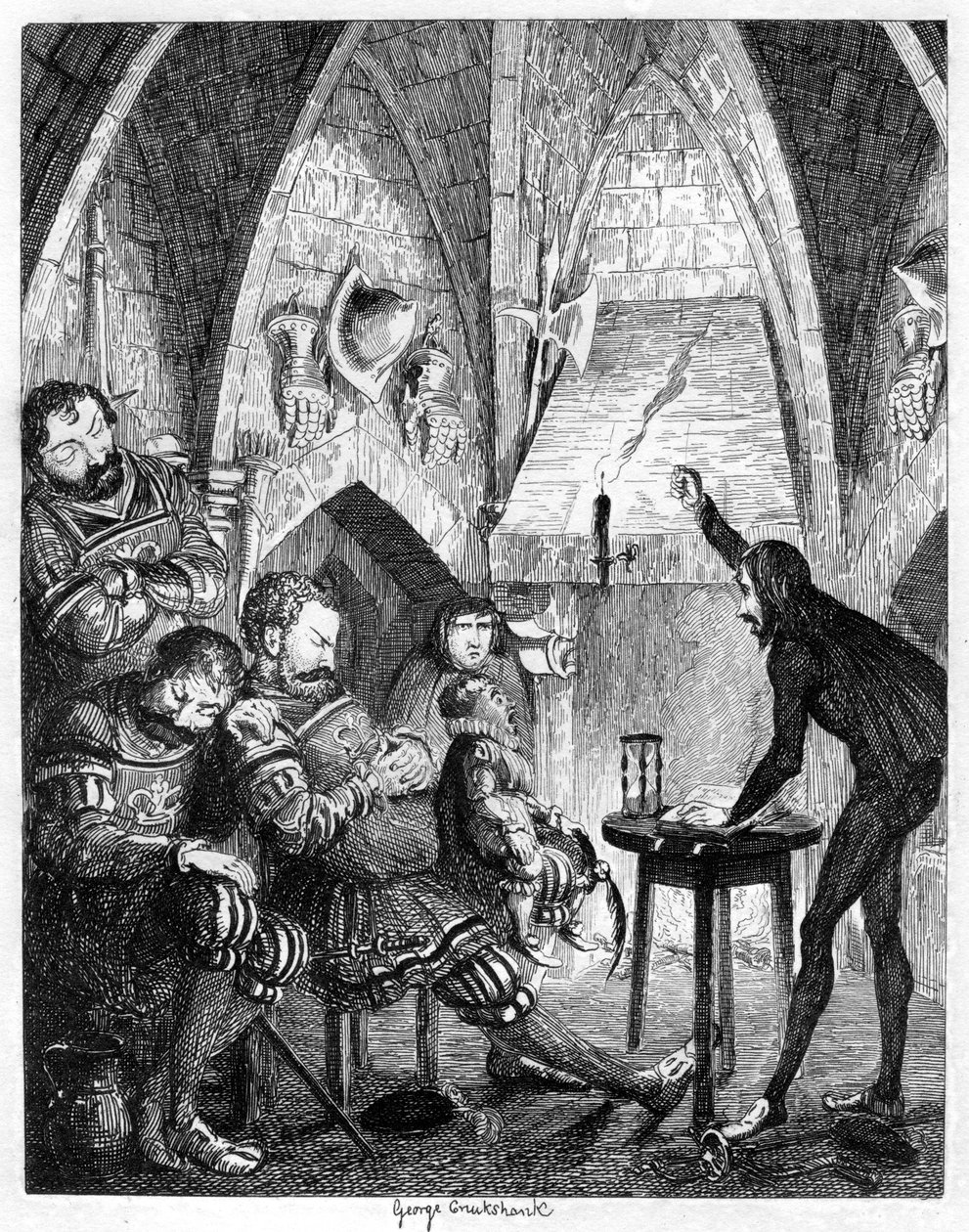 Edward Underhill kuuma evankeliumi saarnaa jättiläisille sivurakennuksessa tai porttitornissa, 1840 tekijältä George Cruikshank