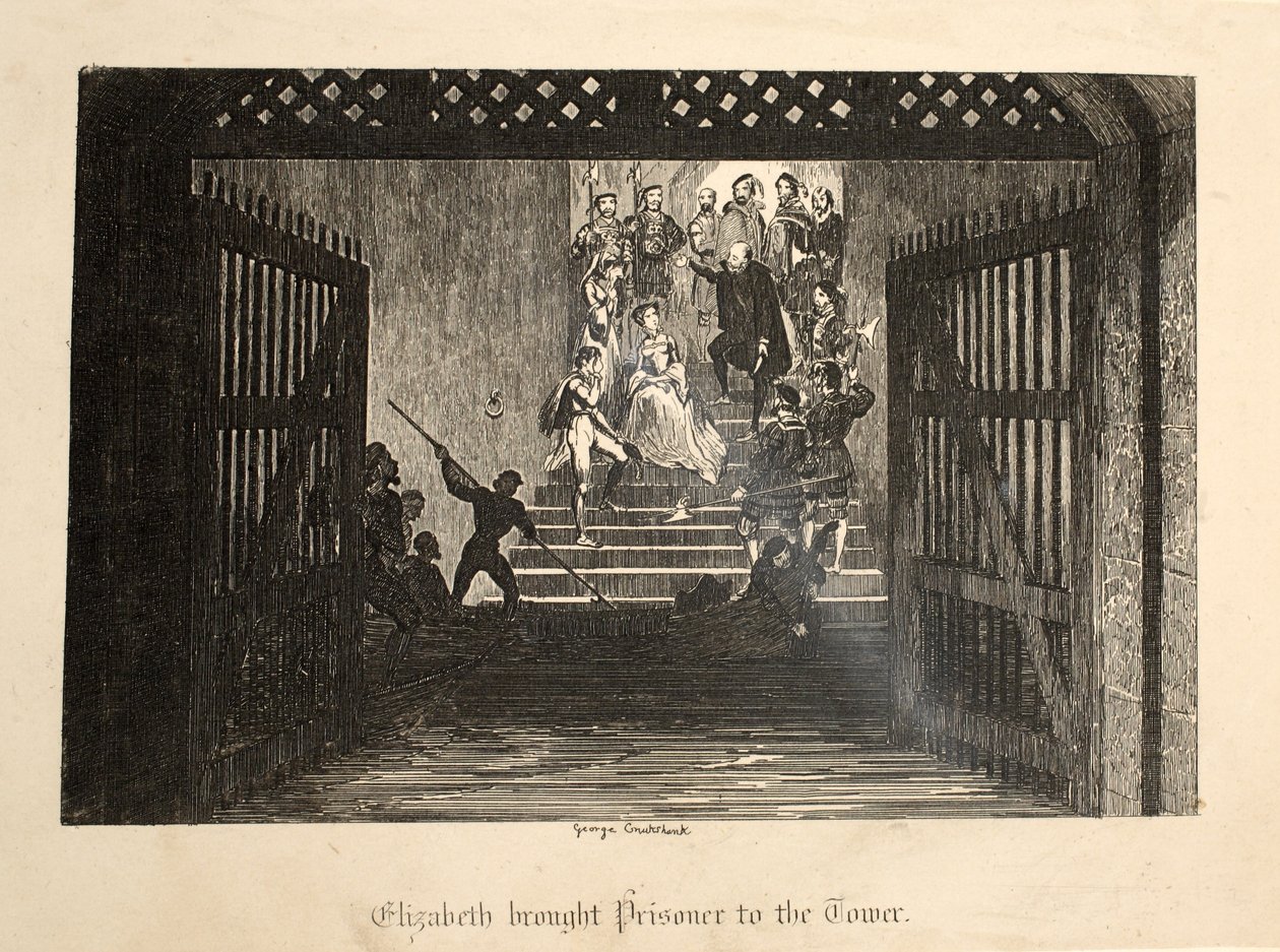 Elizabeth toi vangin Toweriin Lontoon Towerista, pubista. 1840 tekijältä George Cruikshank