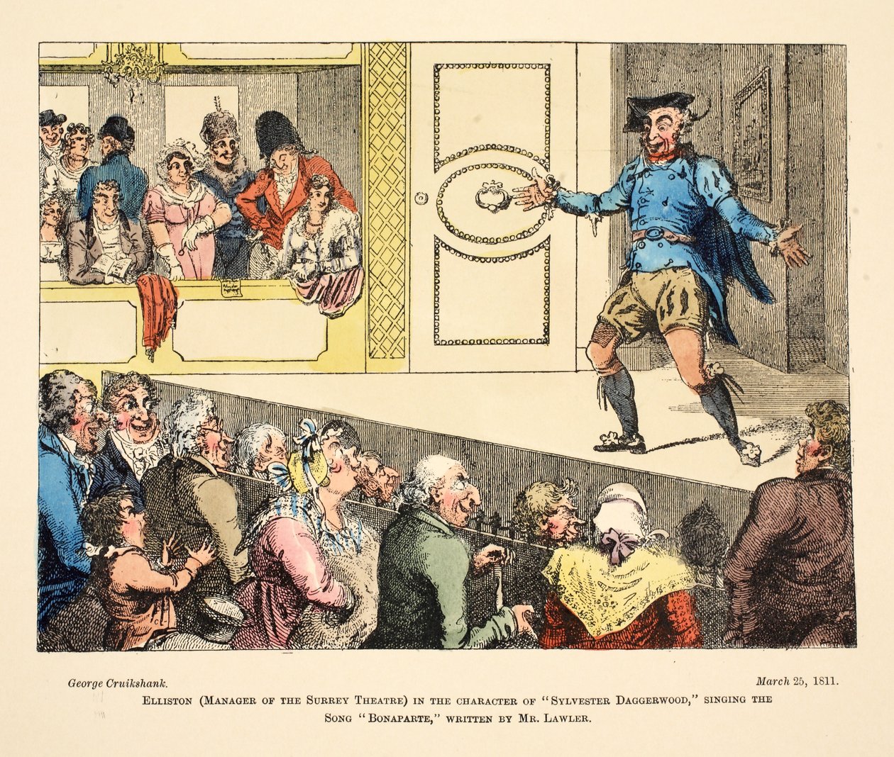 Elliston (Surrey Theatren johtaja) "Sylvester Daggerwoodin" hahmossa laulamassa kappaletta "Bonaparte", jonka on kirjoittanut Mr Lawler, pub. 1811 (käsinvärinen kaiverrus) tekijältä George Cruikshank