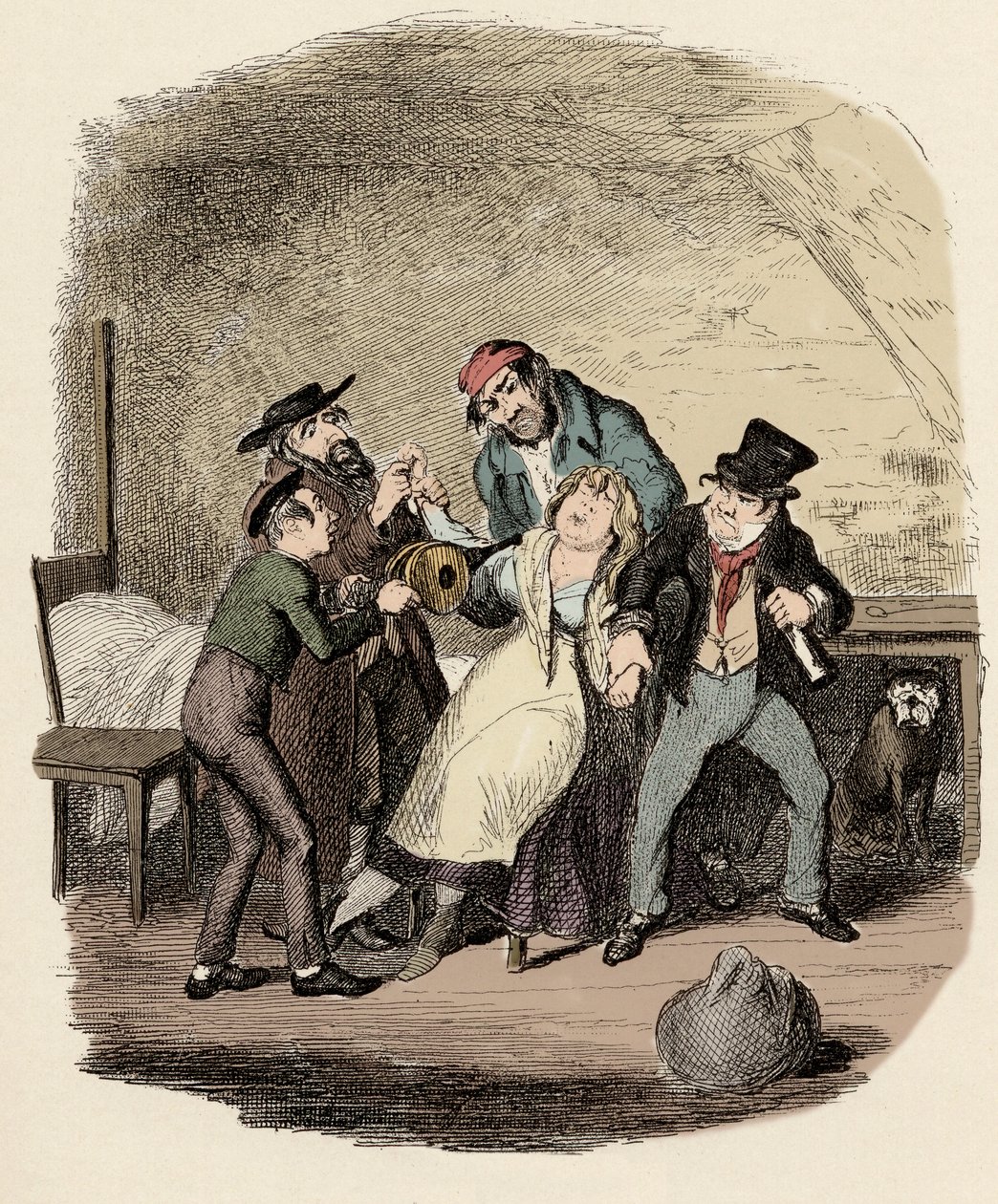 Fagin, Charley Bates, Kikes ja Dawkins reanimant Nancy - herra Fagin ja hänen oppilaansa elvyttämässä Nancya - Kuvitus "" Oliver Twist"" (Oliver) (The Adventures of Oliver Twist), kirjoittanut Charles Dickens (1812-1870), kirjoittanut George Cruikshank ( 1 tekijältä George Cruikshank