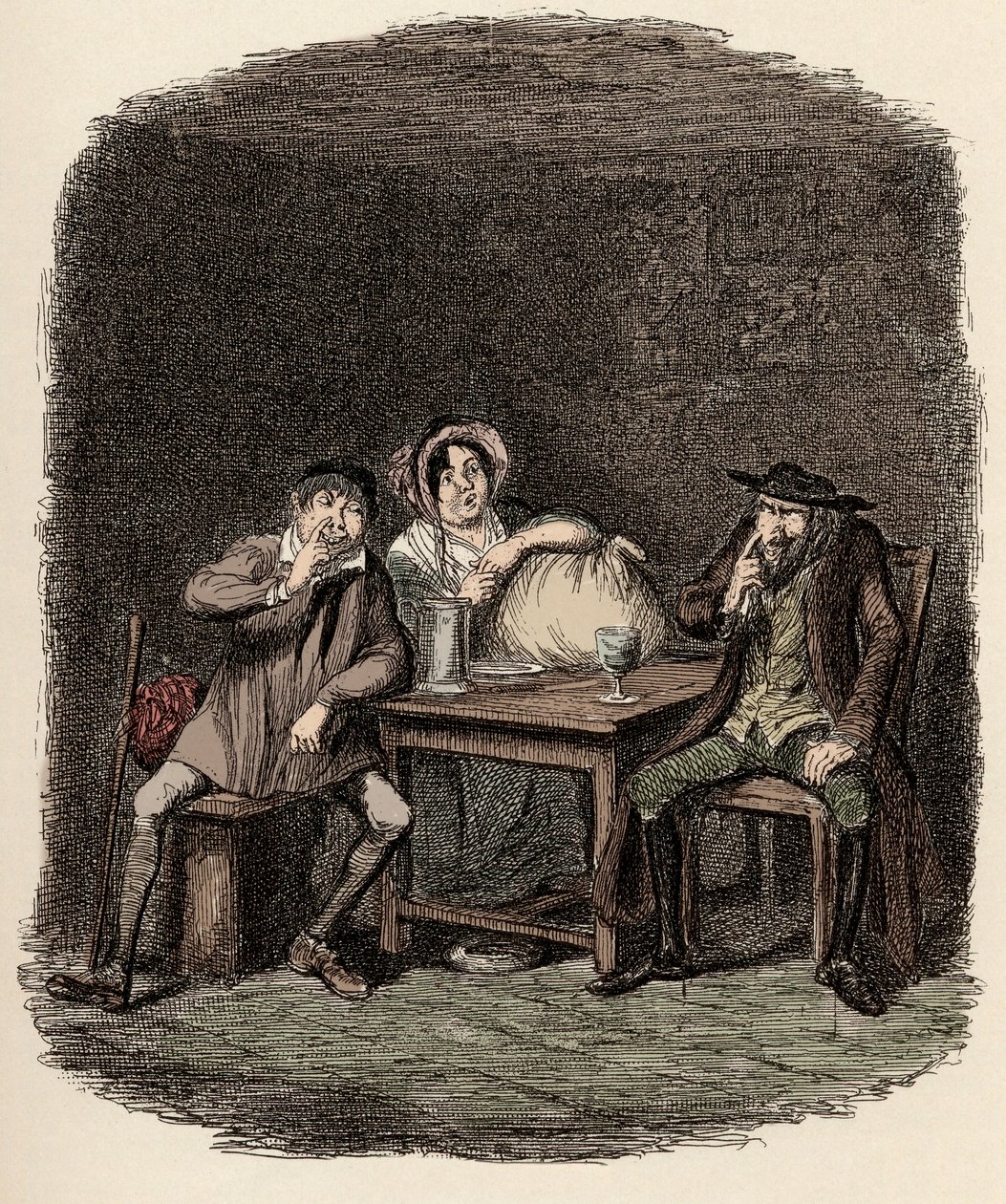 Fagin asioi Morris Bolterin eli Noe Claypolen ja Charlotten kanssa - Juutalainen ja Morris Bolter alkavat ymmärtää toisiaan - Kuvitus Charles Dickensin (1812-1870) teokseen "Oliver Twist" (Olivier) (The Adventures of Oliver Twist), jonka on suomentanut Geo tekijältä George Cruikshank