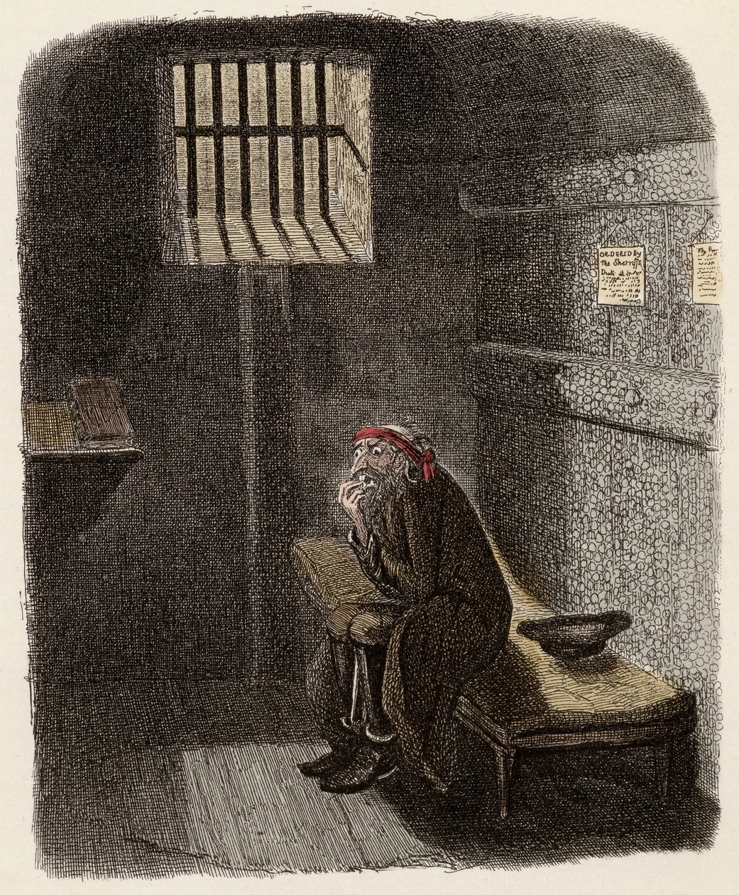 Fagin kuolemantuomion sellissä - Fagin tuomitussa sellissä - Kuvitus "" Oliver Twist"" (Olivier) (Oliver Twistin seikkailut) Charles Dickens (1812-1870), George Cruikshank (1792-1878). tekijältä George Cruikshank
