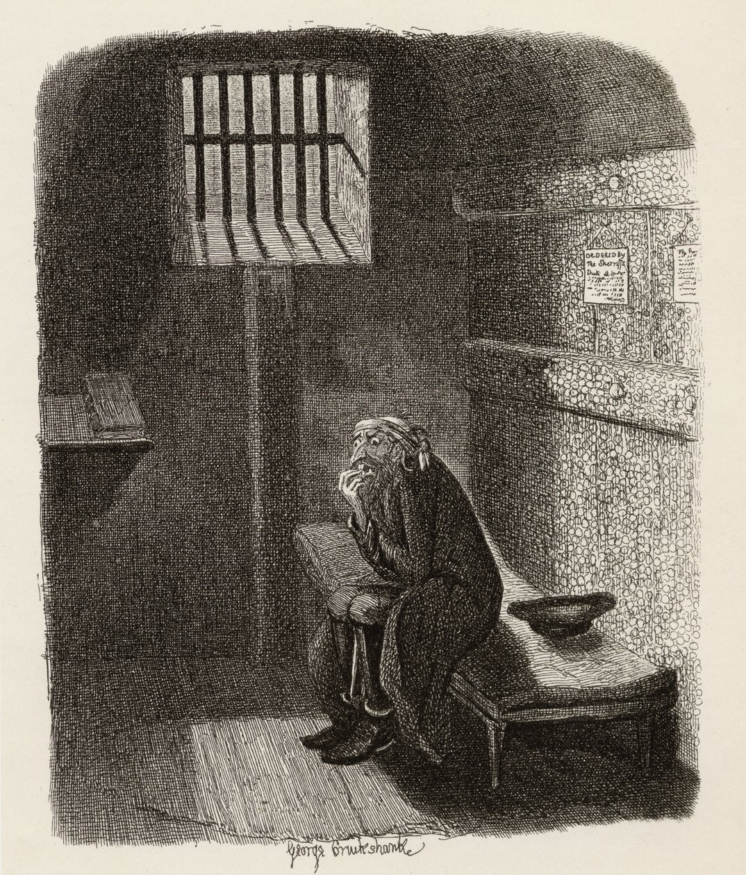 Fagin tuomitussa sellissä, Charles Dickensin (1812-70) "Oliver Twistin seikkailuista" 1838, Chapman und Hall, 1901 (kaiverrus) tekijältä George Cruikshank