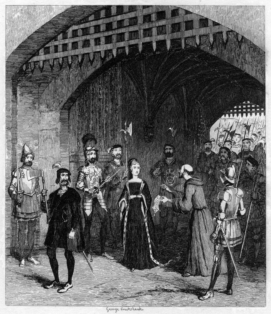 Feckenham tarjoaa Lady Jane Graylle armahdusta hänen matkalla oikeudenkäyntiin, 1553 1840 tekijältä George Cruikshank
