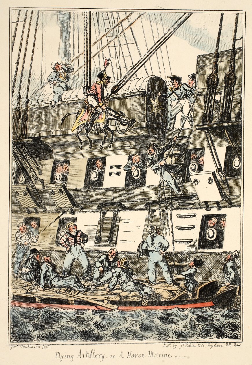 Lentävä tykistö eli Hevosmarsalkka, Greenwichin sairaalasta, sarja merivoimien luonnoksia, kuvaileva sotamiehen elämästä, pub. 1826 (käsin väritetty kaiverrus). tekijältä George Cruikshank