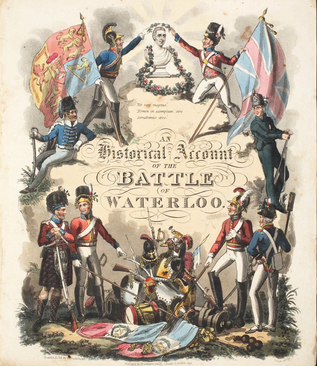 Frontispiece, "Historiallinen kertomus Waterloon taistelusta", William Mudford, kaiverrus Rouse, pub. H. Colburn, 1816 tekijältä George Cruikshank