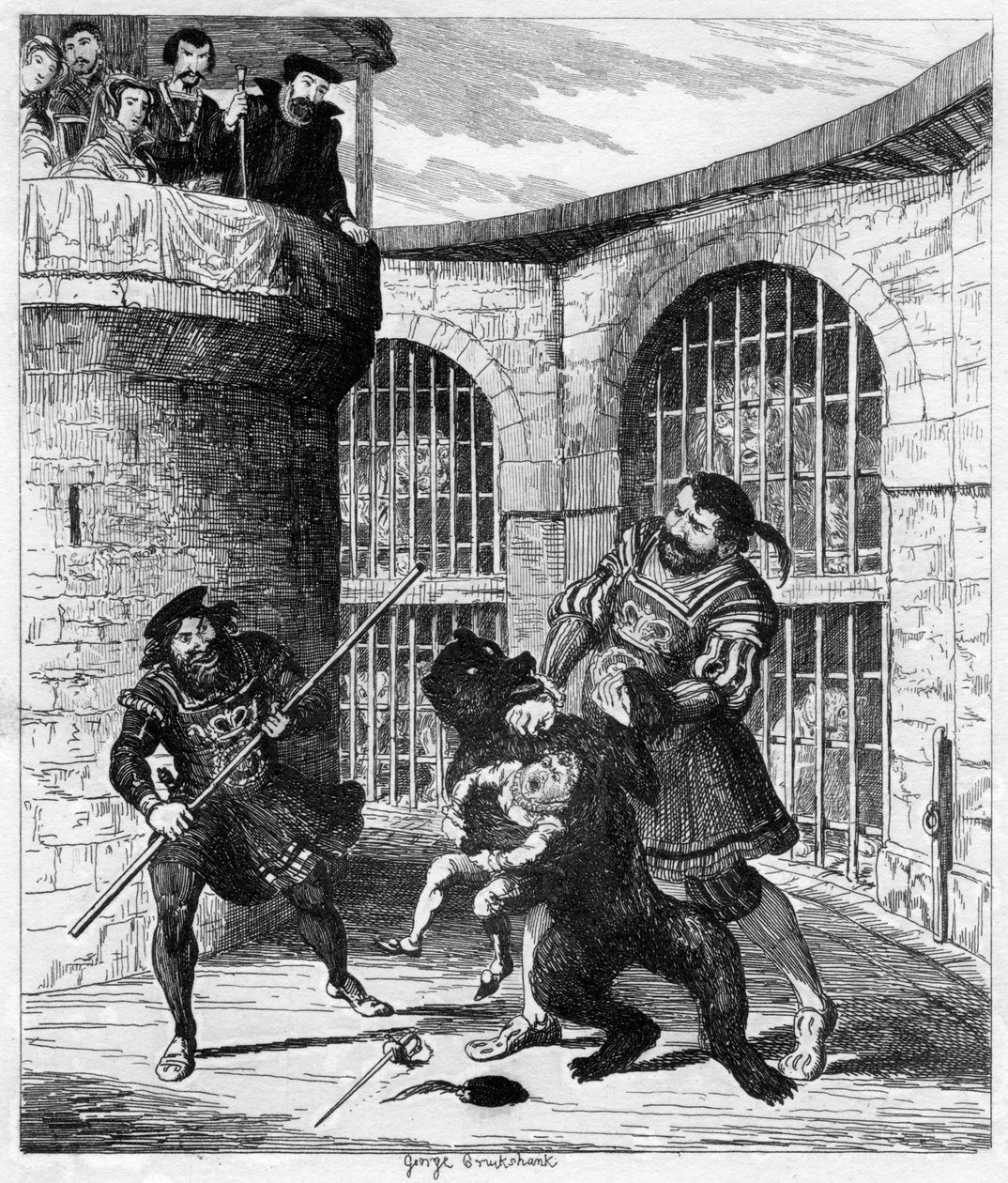 Gog irrottaa Xitin karhusta Lions Towerissa, 1840 tekijältä George Cruikshank
