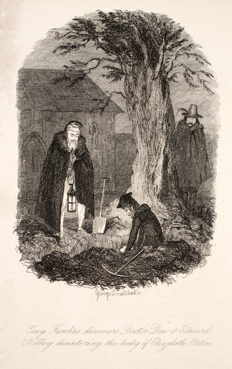Guy Fawkes löysi tohtori Deen ja Edward Kelleyn erottelemassa Elizabeth Ortonin ruumista, kuvitus Guy Fawkesista tai Gunpowder Treason: an Historical Romance, kirjoittanut William Harrison Ainsworth, pu tekijältä George Cruikshank