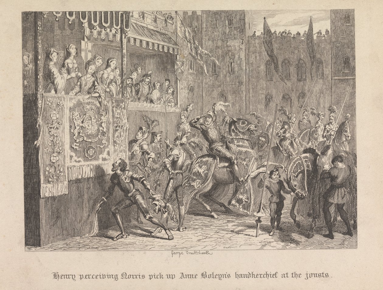 Henry näkee Norrisin nostavan Anne Boleynin nenäliinan turnauksissa tekijältä George Cruikshank